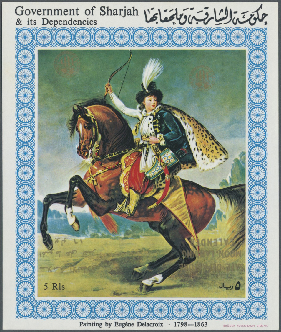 ** Schardscha / Sharjah: 1972, Horsemen, 5r. Souvenir Sheet (Delacroix Painting), Four Copies With Golden "Apollo 16" Ov - Sharjah