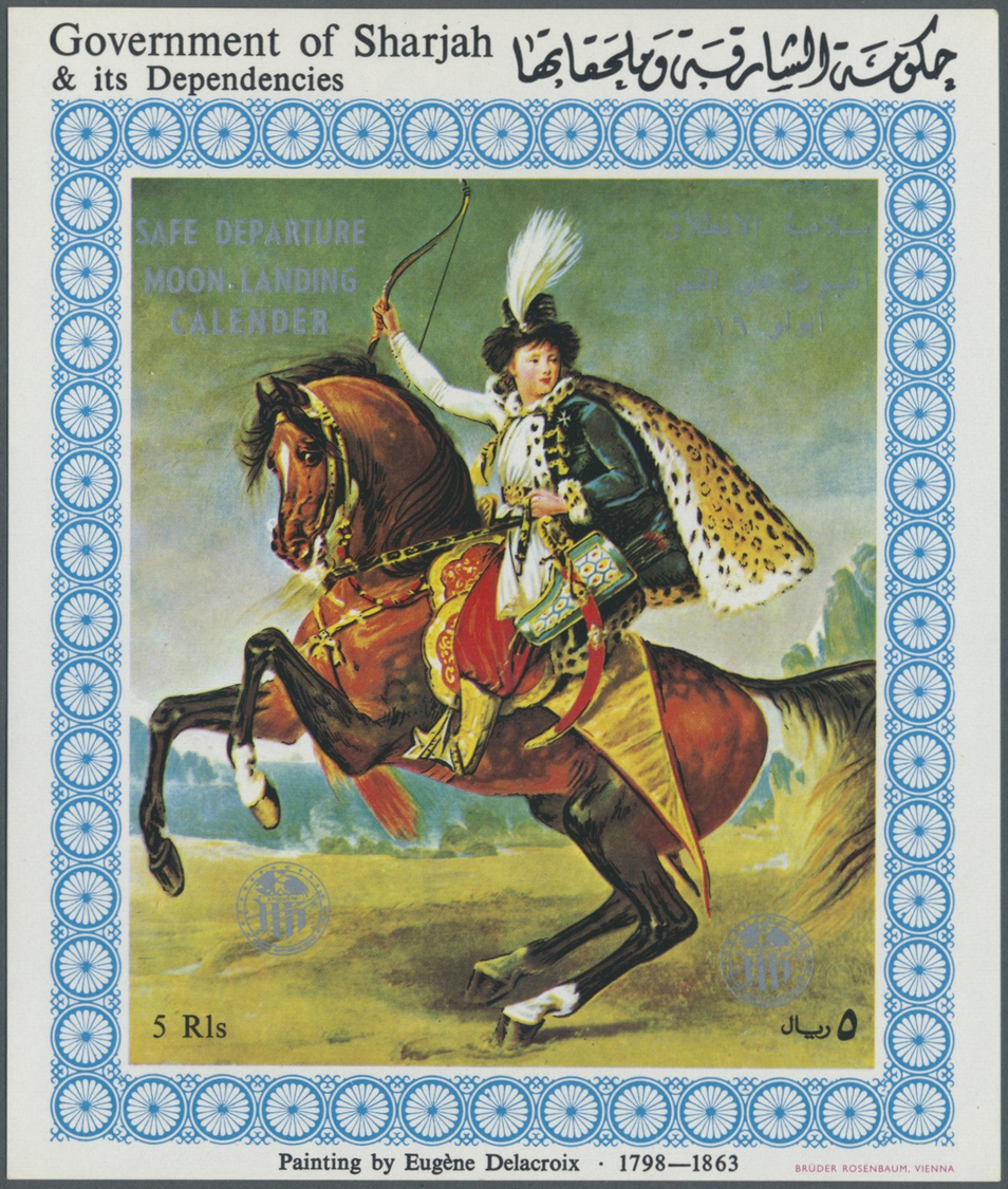 ** Schardscha / Sharjah: 1972, Horsemen, 5r. souvenir sheet (Delacroix painting), four copies with sliver "Apollo 16" ov