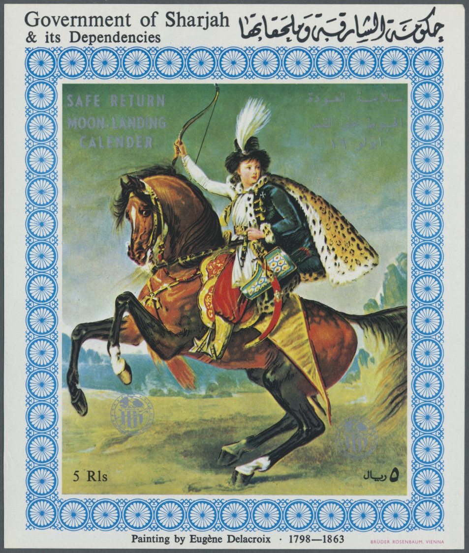 ** Schardscha / Sharjah: 1972, Horsemen, 5r. souvenir sheet (Delacroix painting), four copies with sliver "Apollo 16" ov