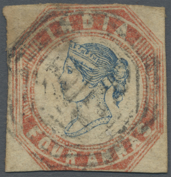 O Singapur: 1854 Indian 4a. Blue & Red, 4th Printing, Used In SINGAPORE With Octagonal Numeral "B/172" H/s In Black, Cut - Singapour (...-1959)