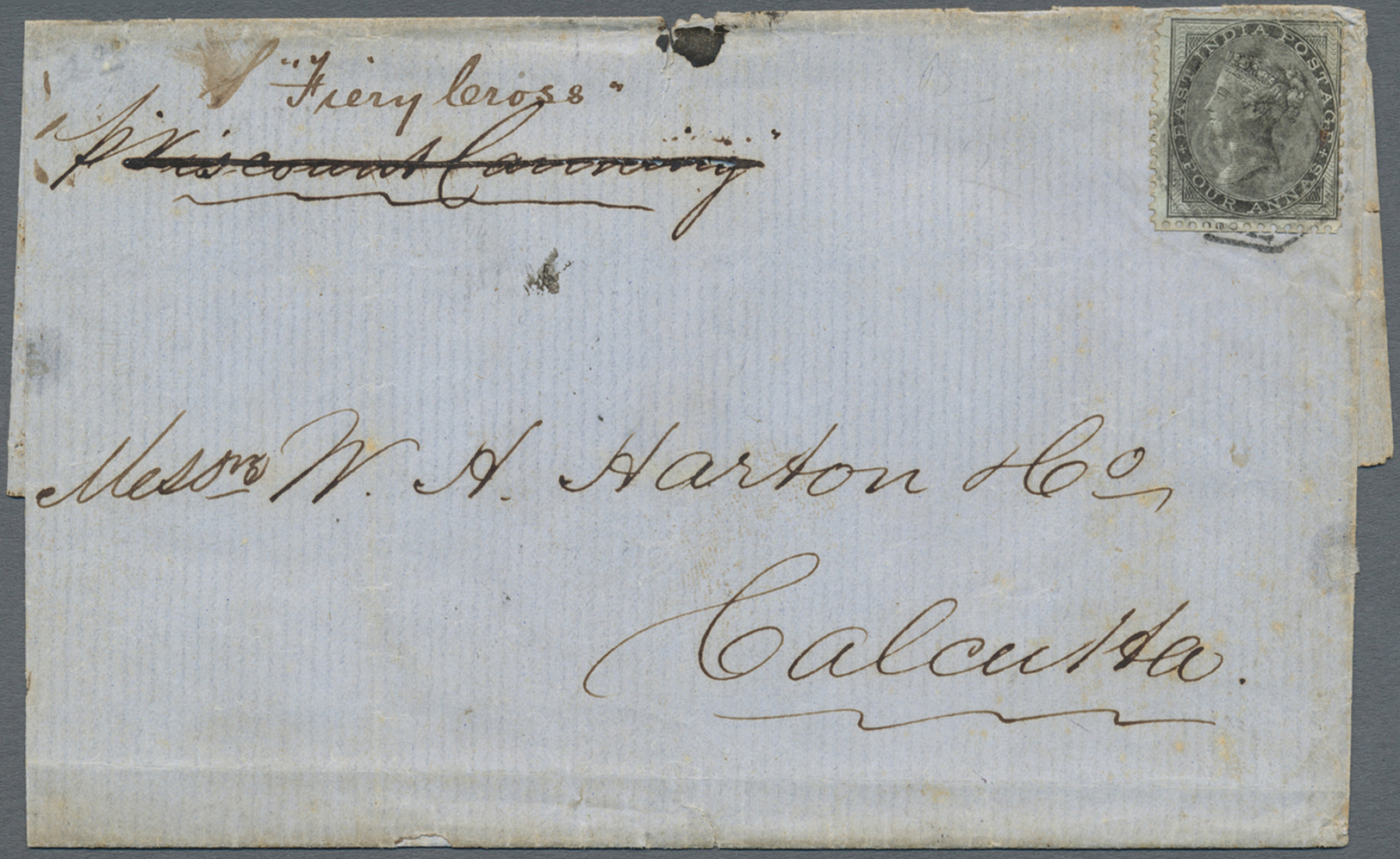 Br Singapur: 1859. Envelope Addressed To Calcutta Bearing India SG 46. 4a Black Tied By "B/172" Obliterator Sent On The - Singapore (...-1959)