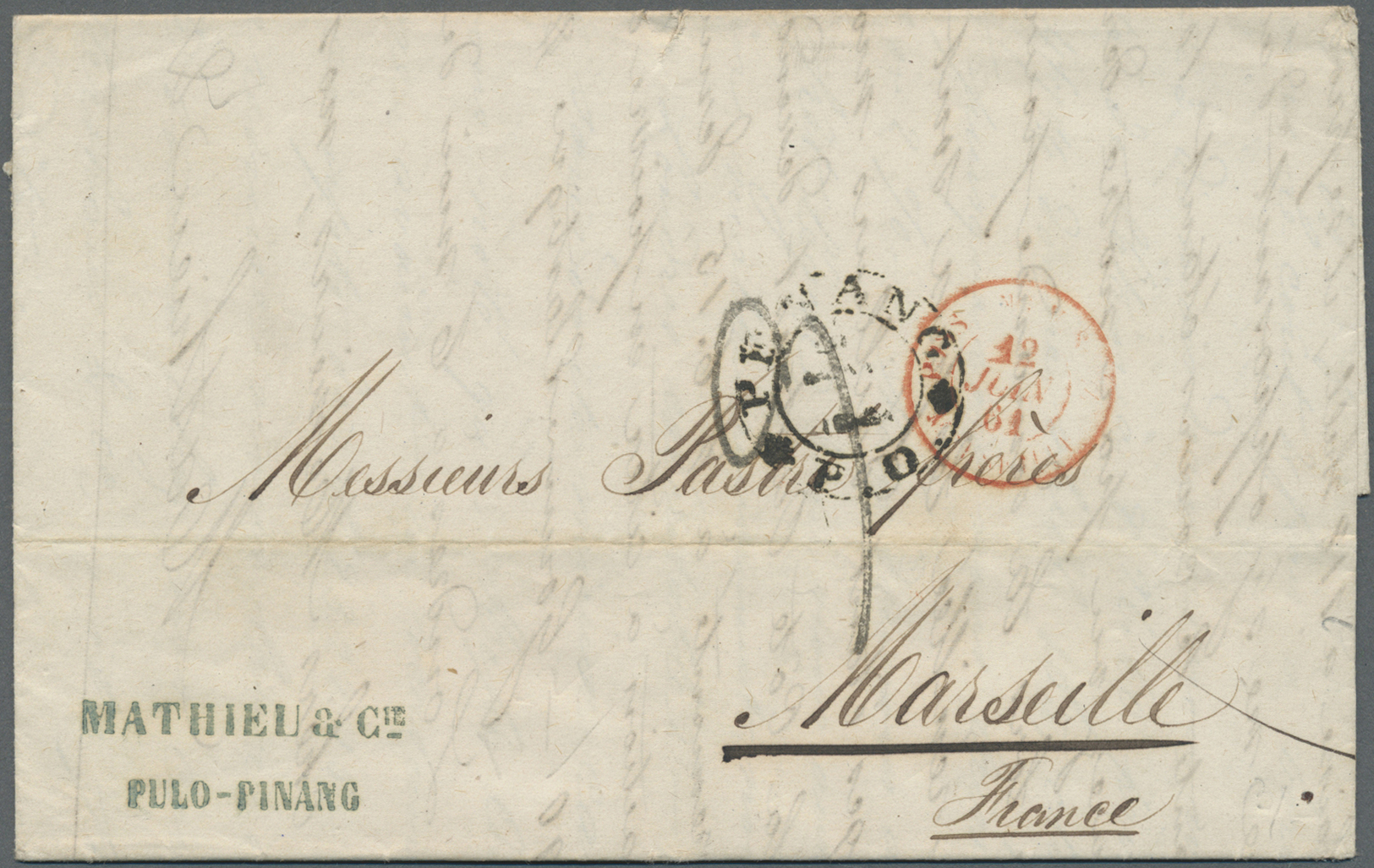 Br Singapur: 1862, Entire Folded Blue Letter ,stampless From "SINGAPORE 5 (MAY) 1862" Endorsed "Via Suez" To Marseilles/ - Singapore (...-1959)
