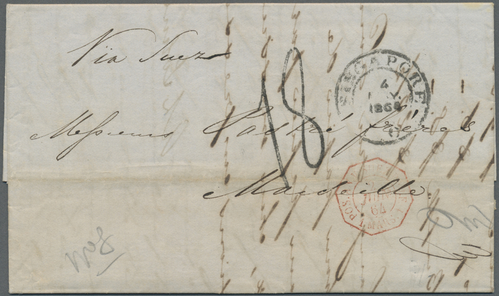 Br Singapur: 1864, Entire Folded Letter Stampless From "SINGAPORE 4 MAY 1864" Endorsed "Via Suez" To Marseilles/France, - Singapour (...-1959)