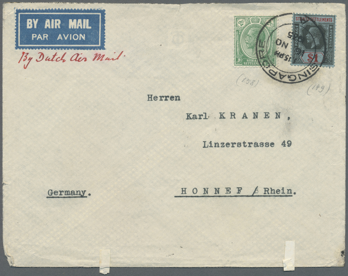 /GA Singapur: 1902/35: KGV $1, 2 C. Tied "SINGAPORE 16 NO 35" To Air Mal Cover Endorsed "By Dutch Air Mail" To Germany. - Singapore (...-1959)