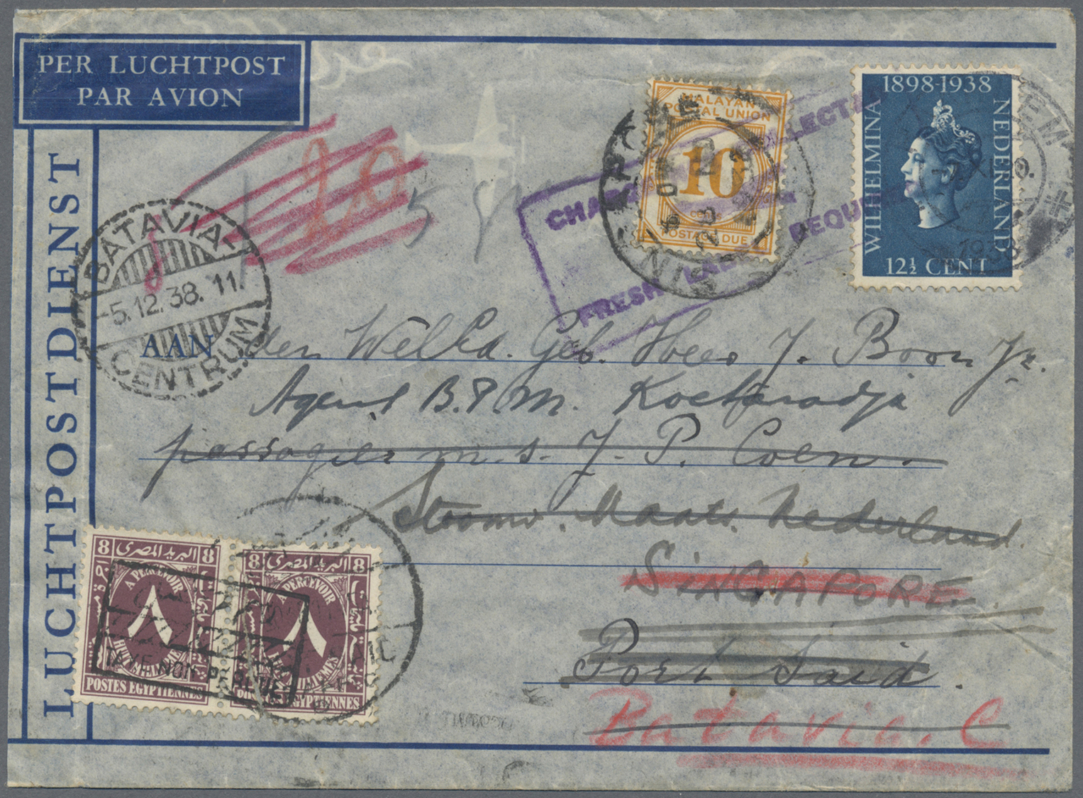 Br Singapur: 1938, Postage Due 10 C. Orange Tied "SINGAPORE 28 NO 38" Plus Boxed Violet "CHARGE NOT COLLECTED..." On Inb - Singapore (...-1959)