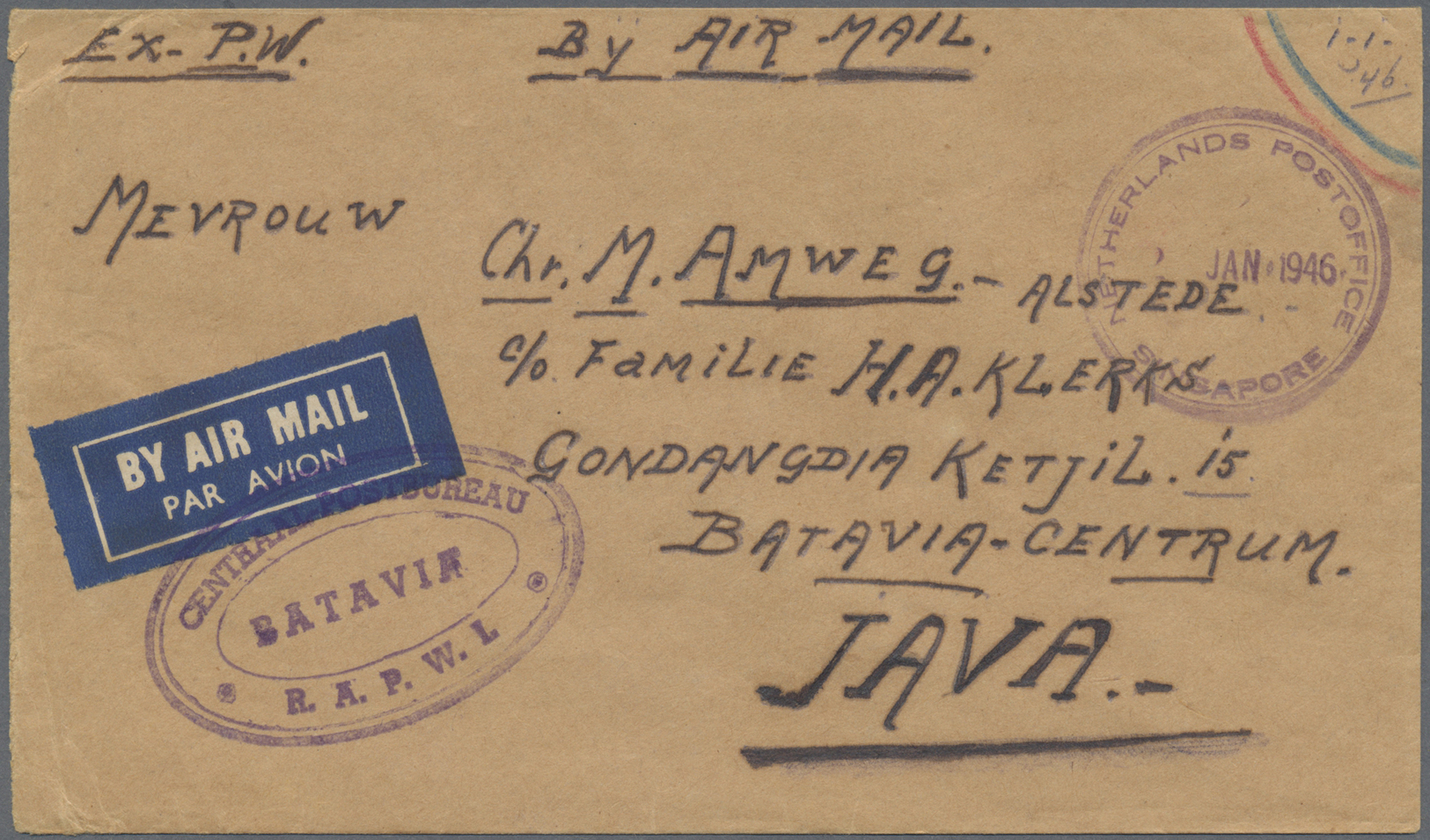 Br Singapur: 1946, "NETHERLANDS POST OFFICE SINGAPORE 2 JAN 1946" On Stampless Air Mail Cover "Ex.pw" To His Wife In Bat - Singapour (...-1959)