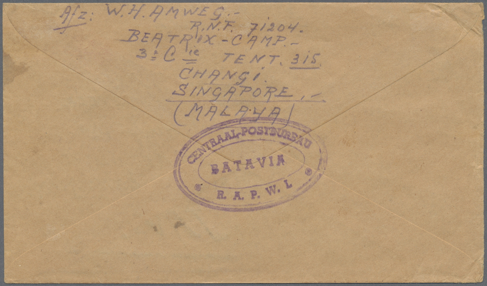 Br Singapur: 1946, "NETHERLANDS POST OFFICE SINGAPORE 2 JAN 1946" On Stampless Air Mail Cover "Ex.pw" To His Wife In Bat - Singapore (...-1959)