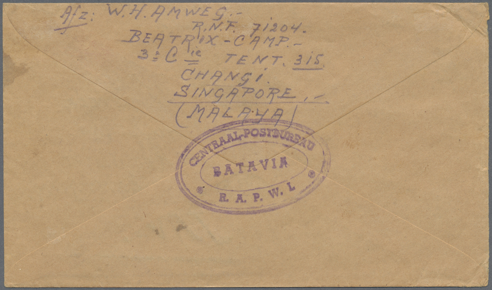 Br Singapur: 1946, "NETHERLANDS POST OFFICE SINGAPORE 2 JAN 1946" On Stampless Air Mail Cover "Ex.pw" To His Wife In Bat - Singapour (...-1959)