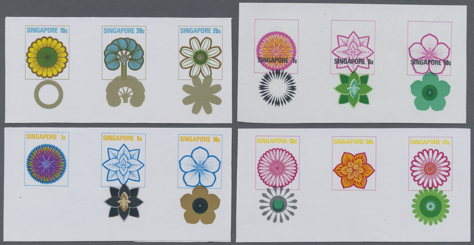 ** Singapur: 1973, Set Of 8 Strips Of Three Containing Different Color Proofs For The Cent Values Of 1973 Flower Series, - Singapour (...-1959)