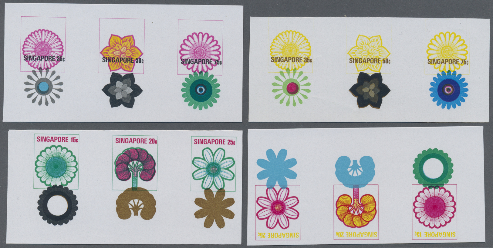 ** Singapur: 1973, Set Of 8 Strips Of Three Containing Different Color Proofs For The Cent Values Of 1973 Flower Series, - Singapore (...-1959)