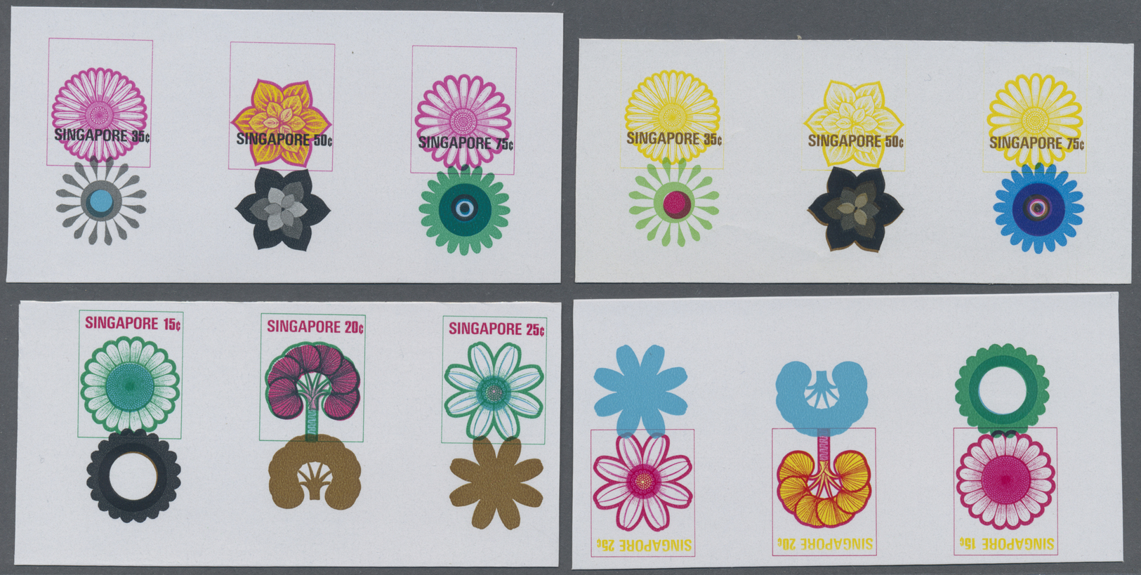 ** Singapur: 1973, Set Of 8 Strips Of Three Containing Different Color Proofs For The Cent Values Of 1973 Flower Series, - Singapour (...-1959)