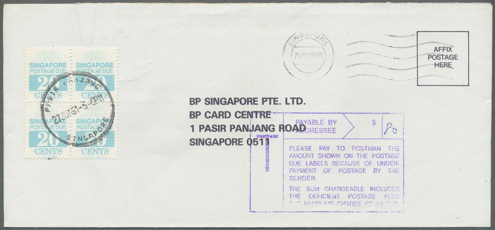 Br Singapur - Portomarken: 1991, Postage Dues On 9 Unpaid Covers From BP Singapore Correspondence, Different Values 1 C. - Singapore (1959-...)