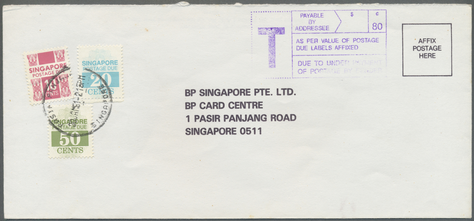 Br Singapur - Portomarken: 1991, postage dues on 9 unpaid covers from BP Singapore correspondence, different values 1 C.