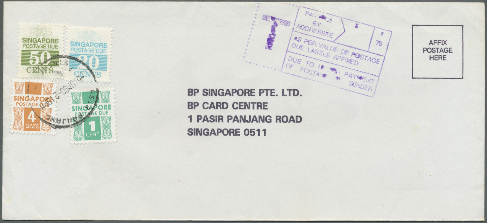 Br Singapur - Portomarken: 1991, postage dues on 9 unpaid covers from BP Singapore correspondence, different values 1 C.