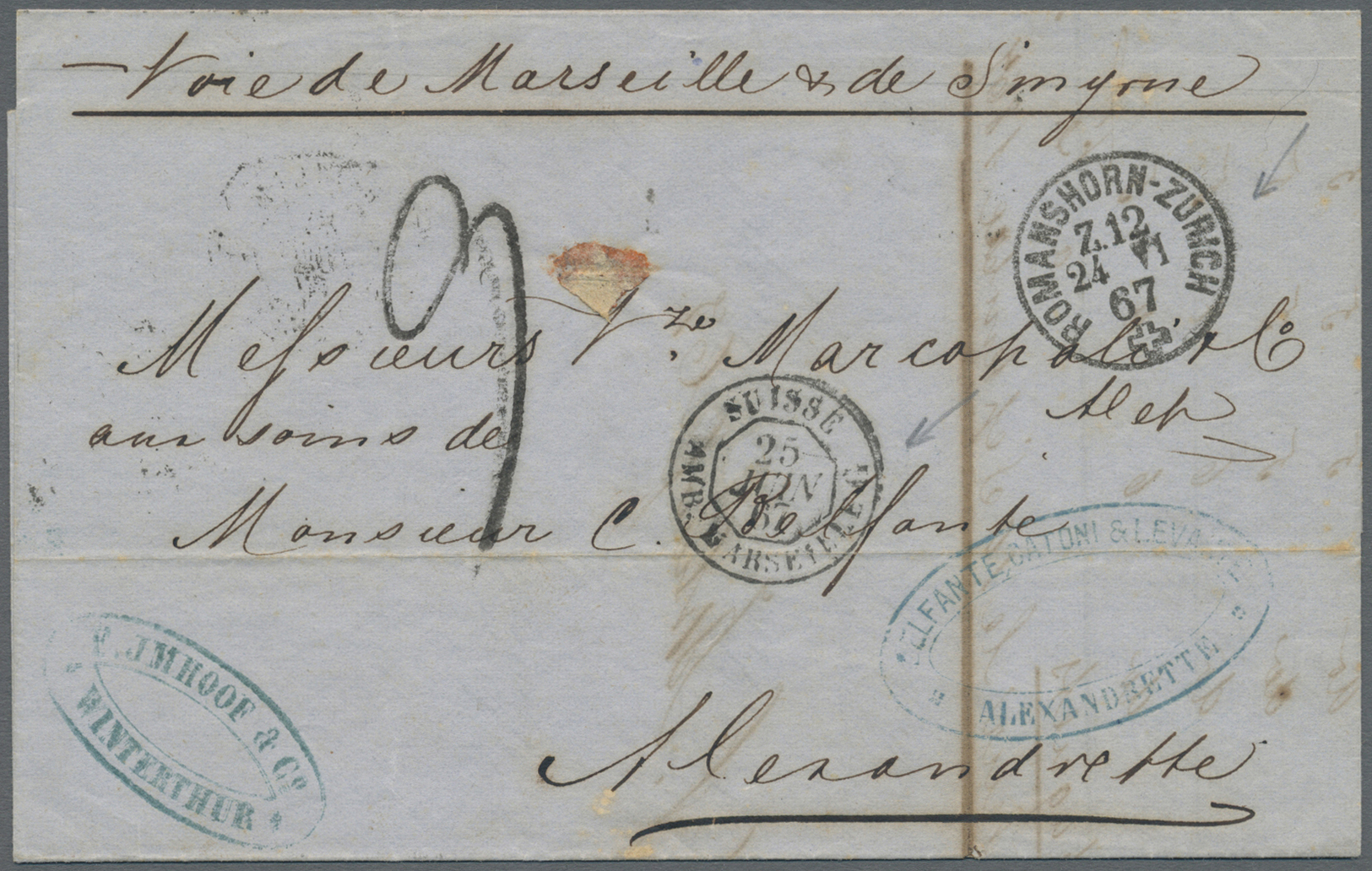 Br Syrien: 1856/1867 Two Stampless Letters From A Commercial Correspondence From Winterthur, Switzerland To Aleppo Both - Syria