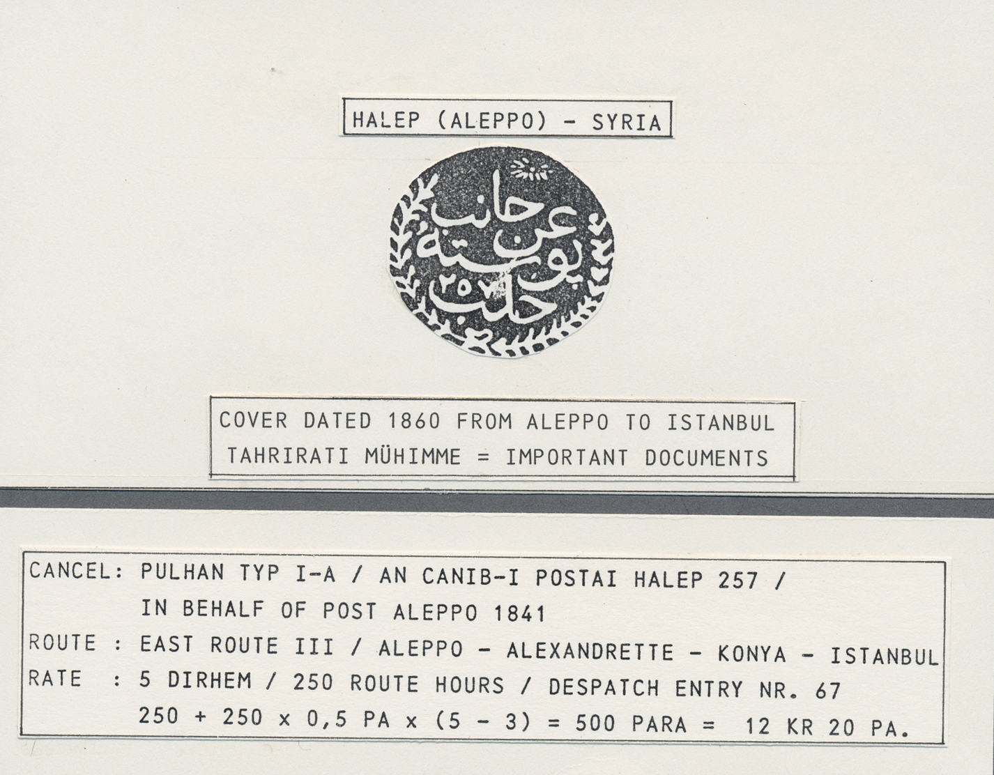 Br Syrien: 1860, Envelope Aleppo To Istanbul Showing  &bdquo;An Canib Postane-i Halep 257" In Blue (Coles-Walker 1), Hor - Syria