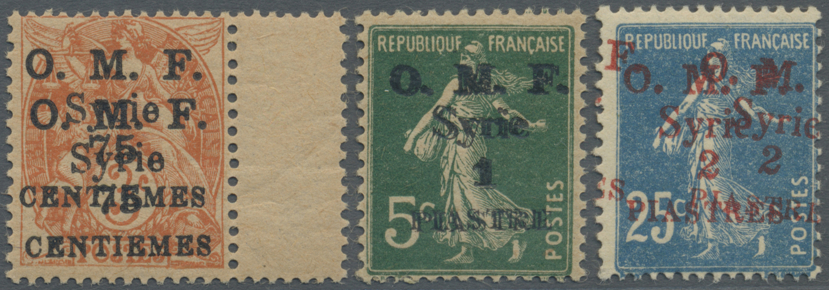 ** Syrien: 1920, 75c. On 3c. Orange, 1pi. On 5c. Green And 2pi. On 25c. Blue, Three Values Each With DOUBLE Overprint (o - Syria