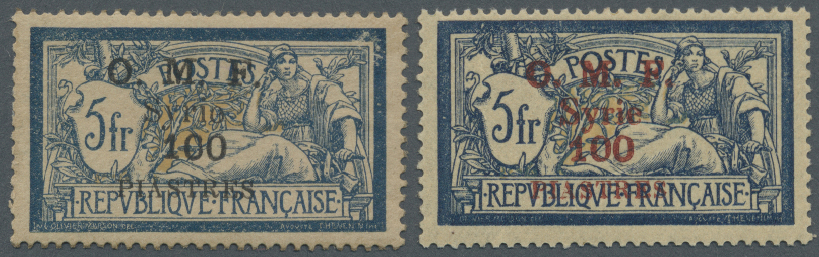 * Syrien: 1920, Merson 5fr. Blue/creme With Opt. 'O.M.F. Syrie 100 PIASTRE' In BLACK And RED, Mint Lightly Hinged And Bo - Syria