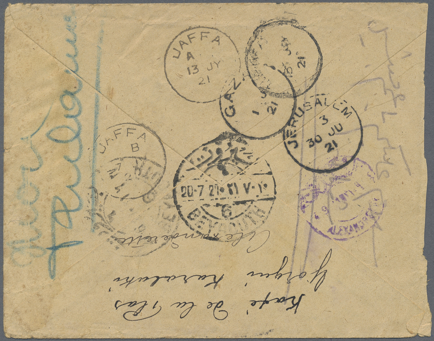 Br Syrien: 1921, Cover From Alexandrette Bearing 1 Pia. / 5c. Green And 2 Pia. / 25c. Blue Tied By Late Used "ISKENDERUN - Syria