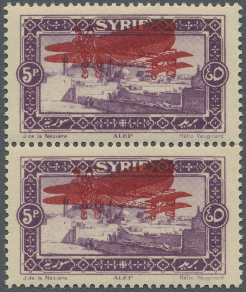 ** Syrien: 1926, Airmails, 5pi. Violet With DOUBLE Overprint, Vertical Pair, Unmounted Mint. Attractive Multiple! Maury - Syrie