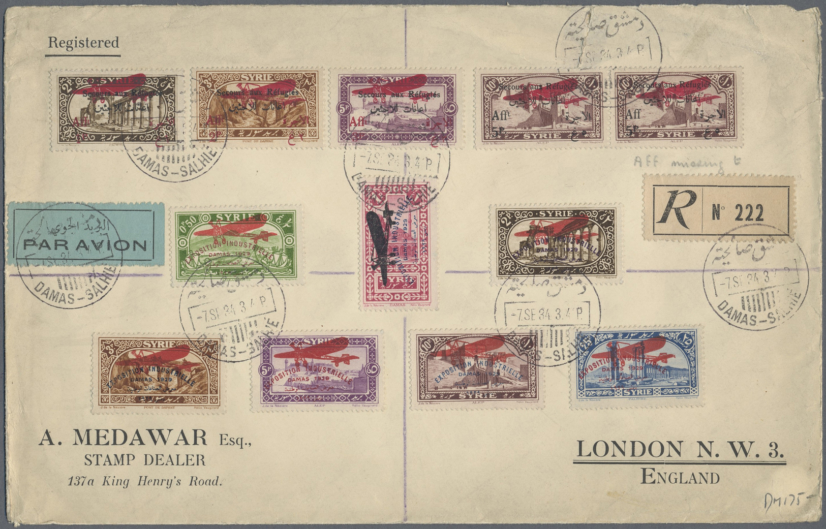 Br Syrien: 1926/1929, War Refugee's Relief And Damascus Fair, All Airmail Stamps On Registered Airmail Cover (tear At To - Syrie