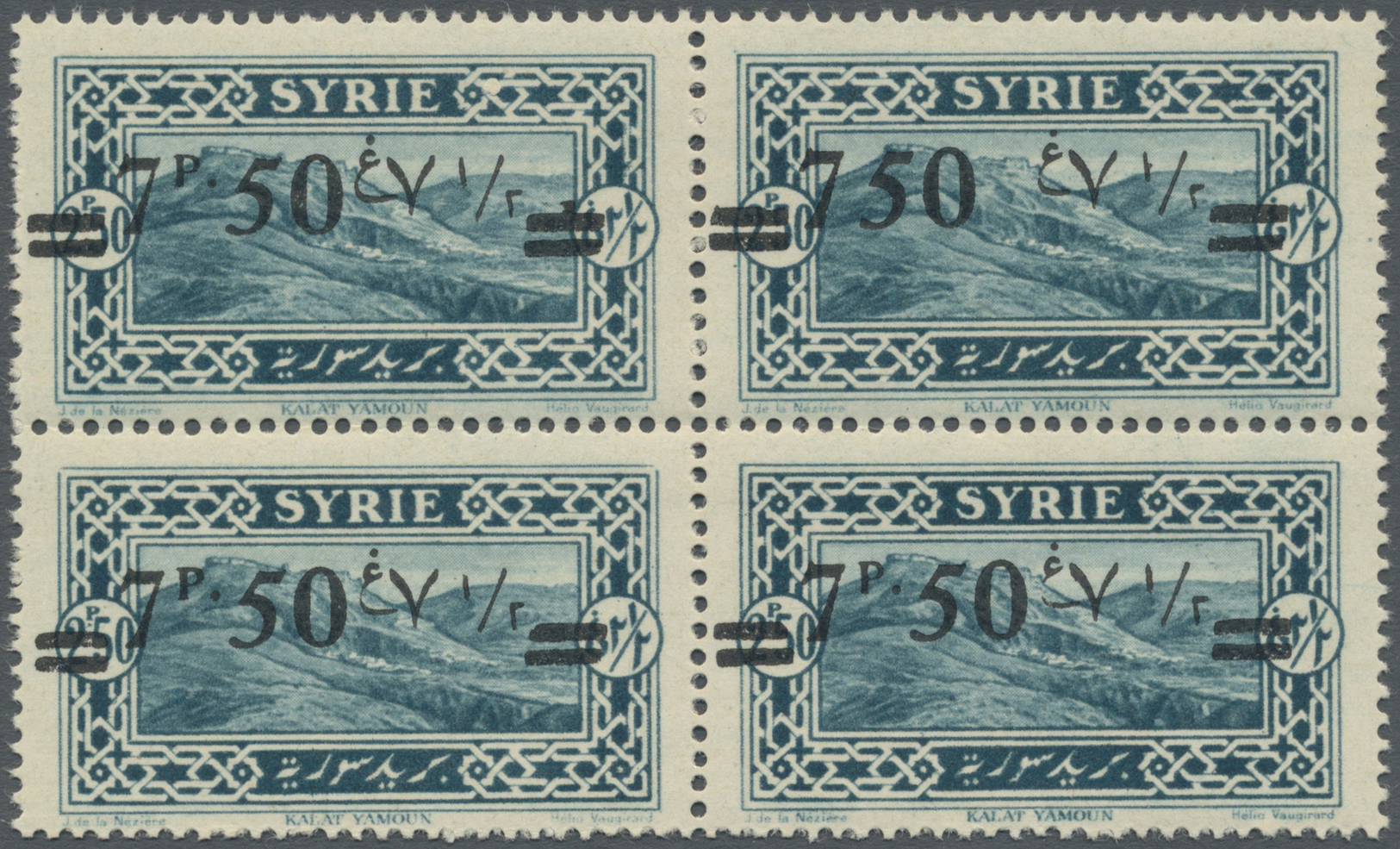 ** Syrien: 1926, 7.50pi. On 2.50pi. Greenish Blue, Block Of Four, Upper Right Stamp Showing "750" (missing "p"), Unmount - Syrie