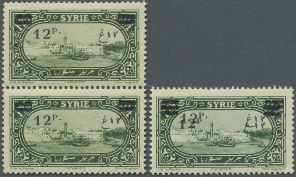 ** Syrien: 1926, 12pi. On 1.25pi. Green, Single Stamp With Inverted Ovp. And Vertical Pair With Ovp. On Both Sides, Unmo - Syrie