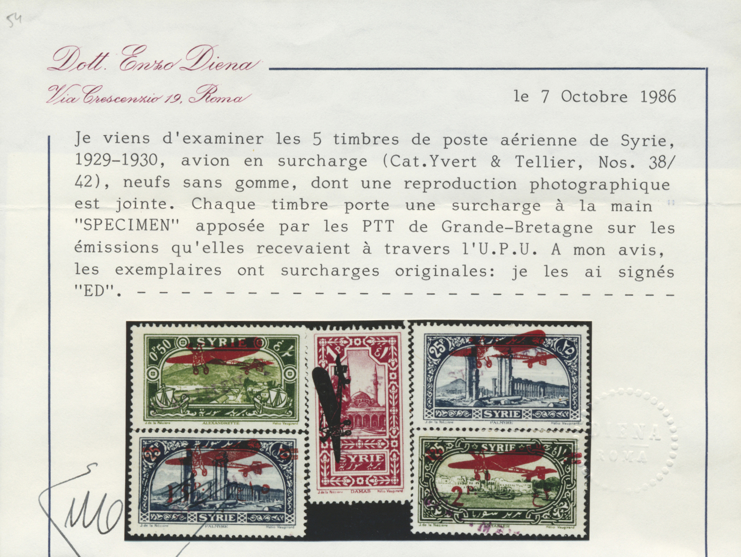 (*) Syrien: 1929/1930, Airmails, 0.50pi. To 25pi., Set Of Five Values With "SPECIMEN" Overprint, Originating From Presen - Syrie