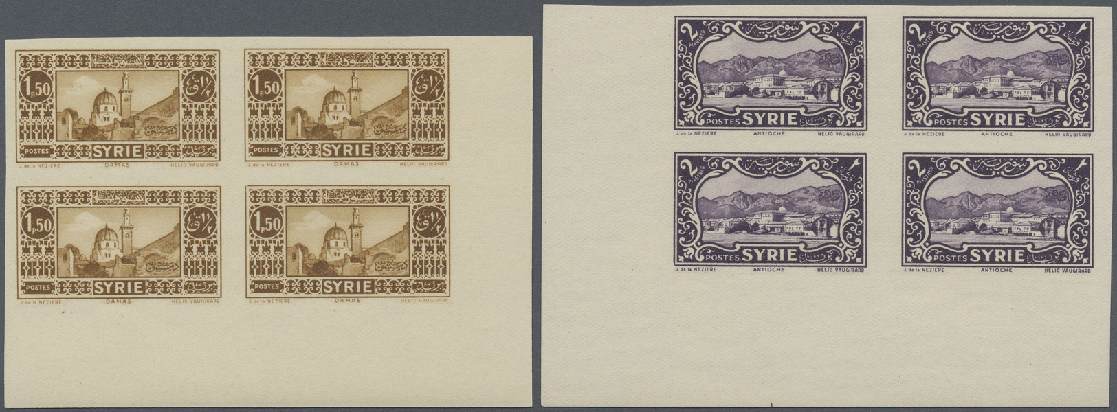 ** Syrien: 1930/1936, Definitives "Views of Syria", complete set of 23 values, marginal IMPERFORATE blocks of four, unmo