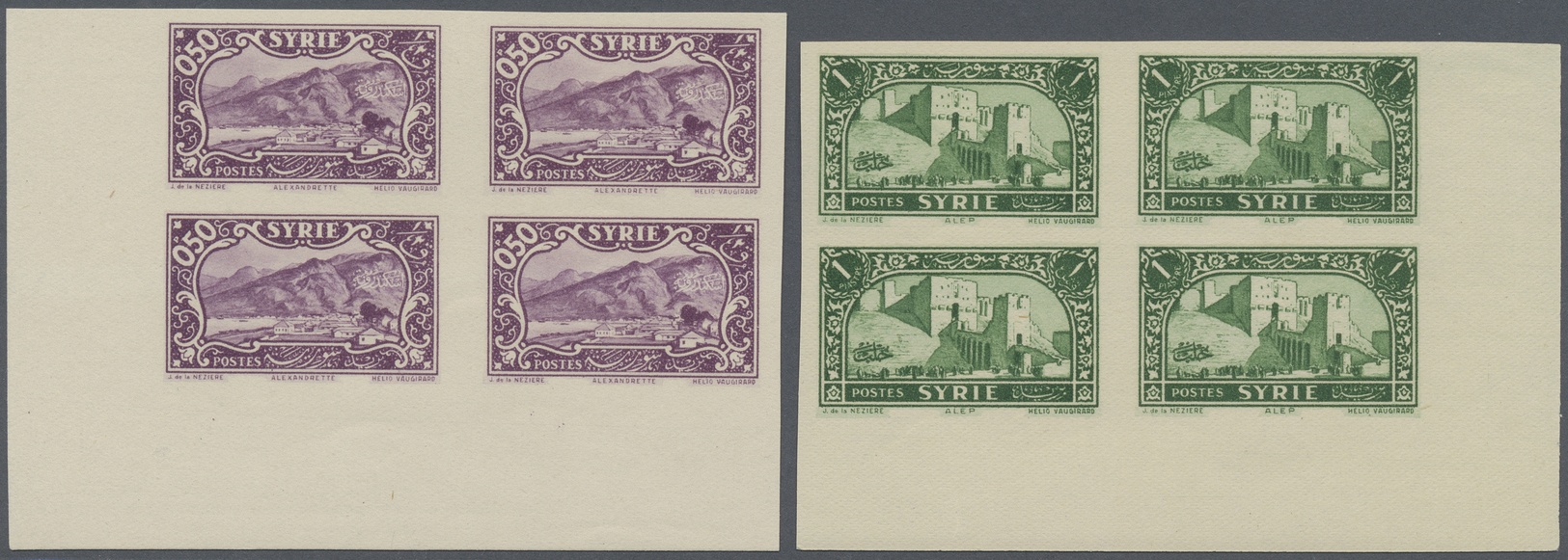 ** Syrien: 1930/1936, Definitives "Views of Syria", complete set of 23 values, marginal IMPERFORATE blocks of four, unmo