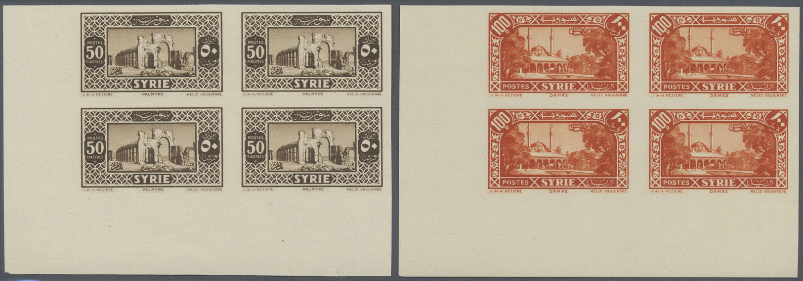 ** Syrien: 1930/1936, Definitives "Views of Syria", complete set of 23 values, marginal IMPERFORATE blocks of four, unmo