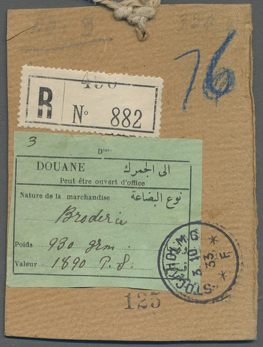 Br Syrien: 1930, Buildings And Landscapes 50 Pia, 2x 15 Pia, 10 Pia And 3 Pia (issue 1925) On Regitered Package-label "9 - Syria