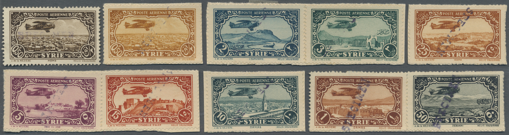 (*) Syrien: 1931/1933, Airmails, 0.50pi. To 50pi., Set Of Ten Values With "SPECIMEN" Overprint, Mainly On Piece (few Sho - Syrie