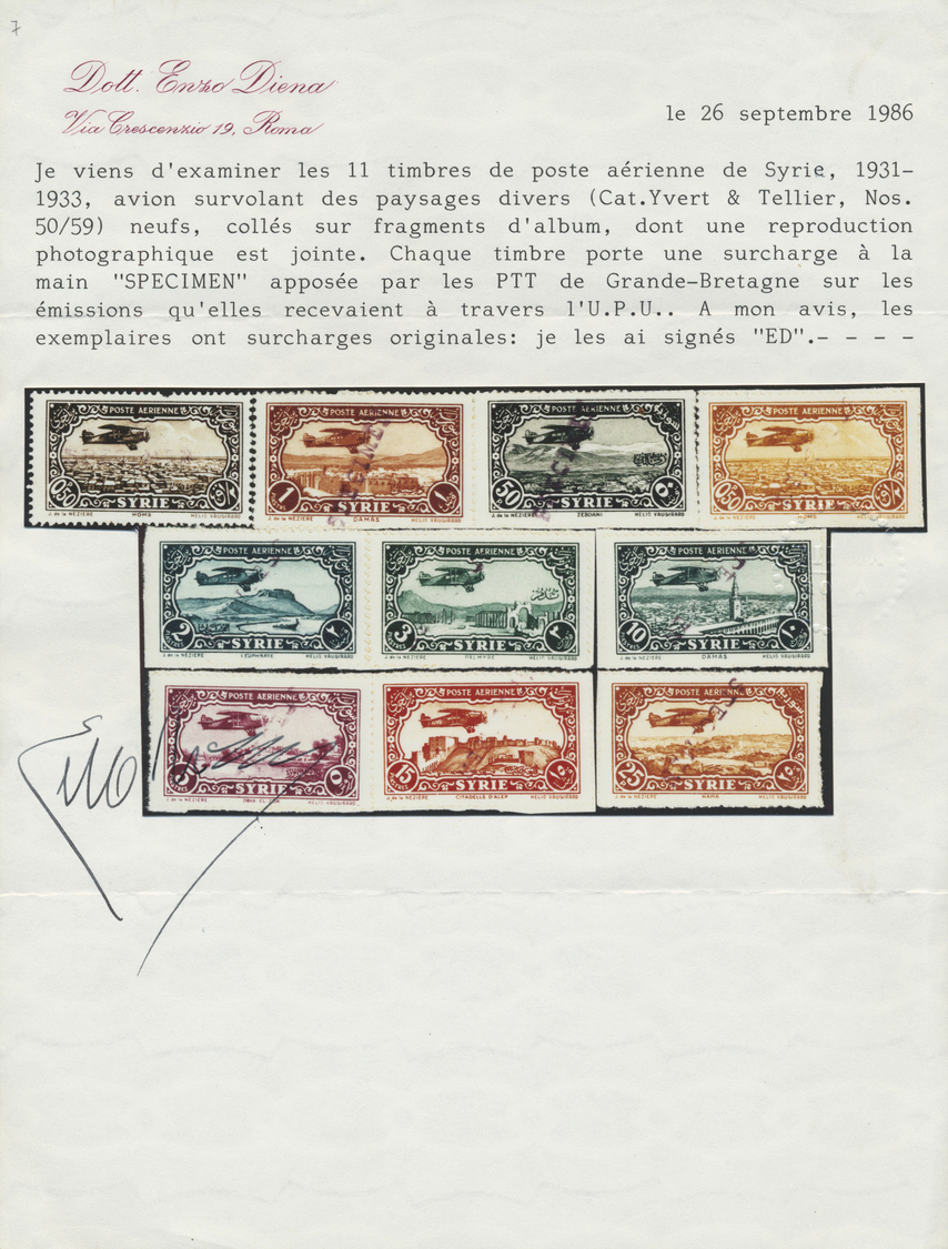 (*) Syrien: 1931/1933, Airmails, 0.50pi. To 50pi., Set Of Ten Values With "SPECIMEN" Overprint, Mainly On Piece (few Sho - Syria