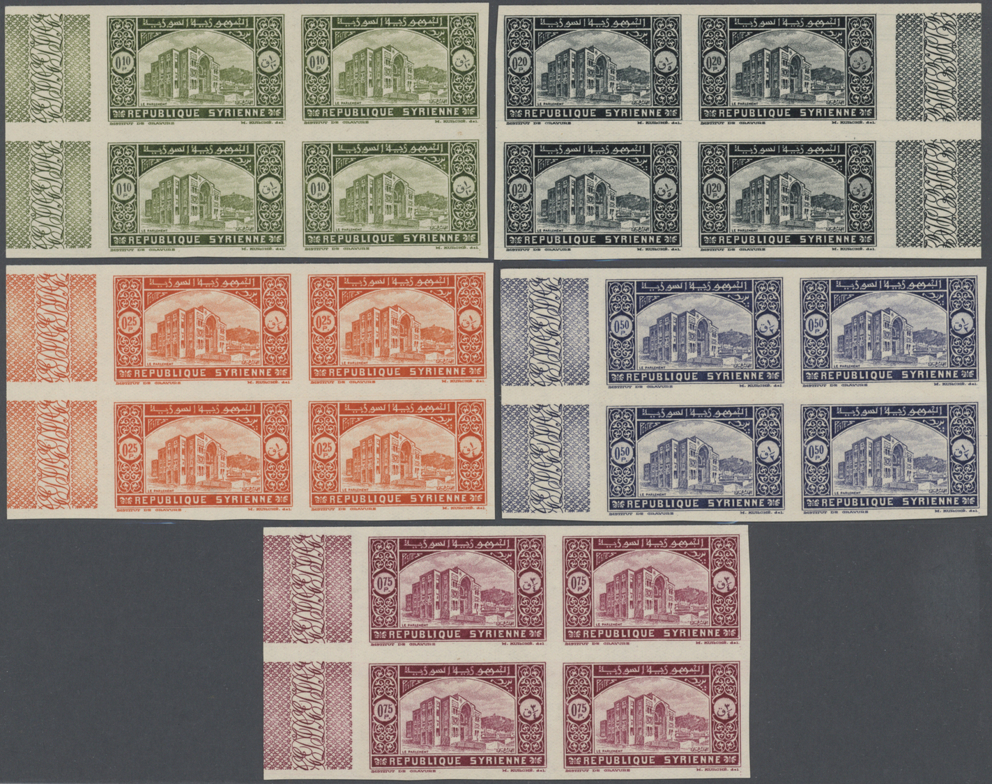 ** Syrien: 1934, 10 Years Republic Complete Imperf Set Blocks Of Four, Mint Never Hinged, Very Fine And A Scarce Offer, - Syrie