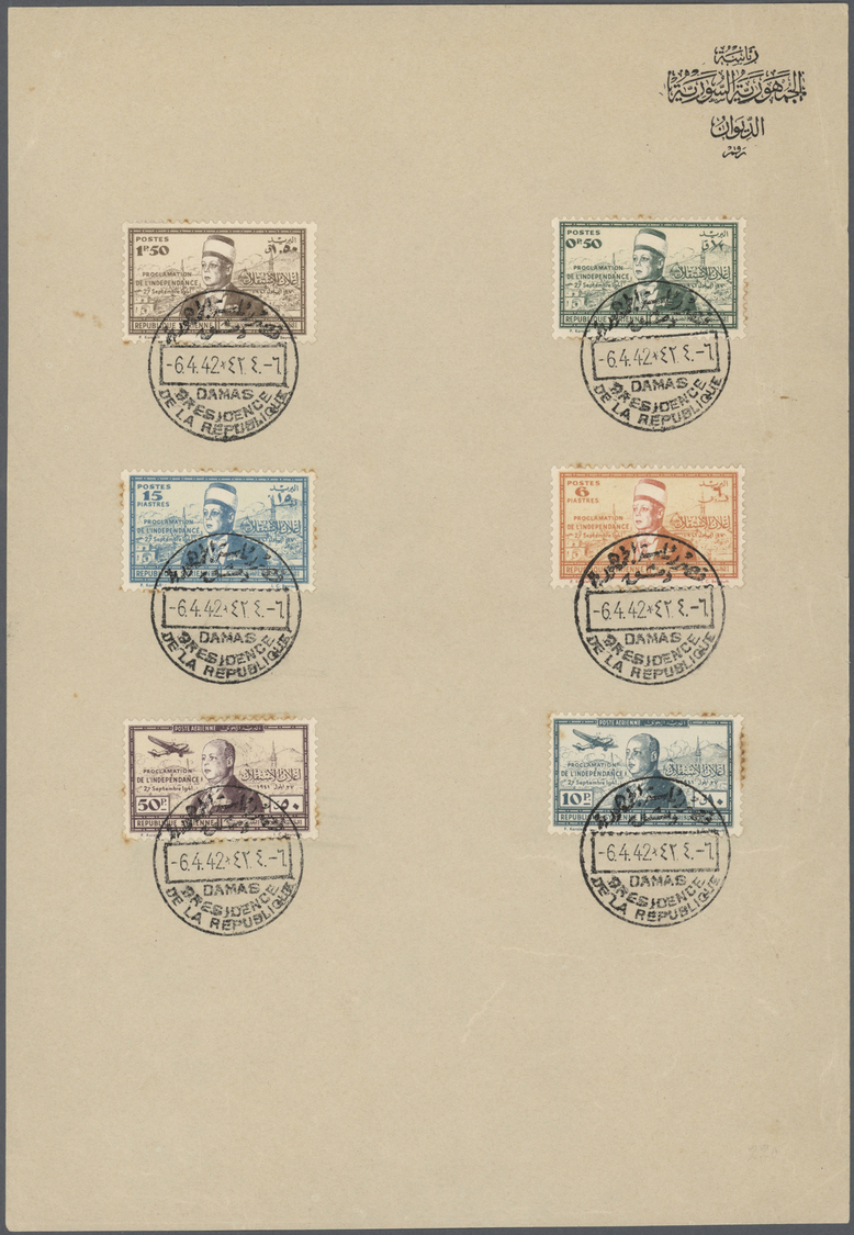 Syrien: 1942, Proclamation Of Independence, Complete Set Of Six Values On Official Sheet With First Day Cancellation "DA - Syria