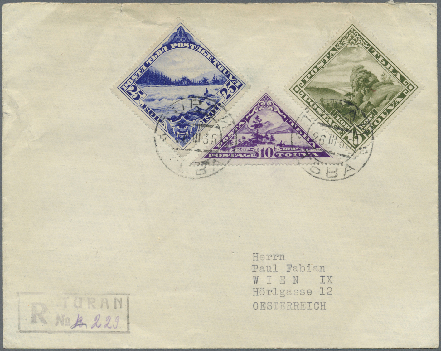 Br Tannu-Tuwa: 1935, 10k. Lilac, 15k. Olive And 25k. Blue, Attractive Franking On Registered Cover 26.III.35 To Vienna W - Tuva