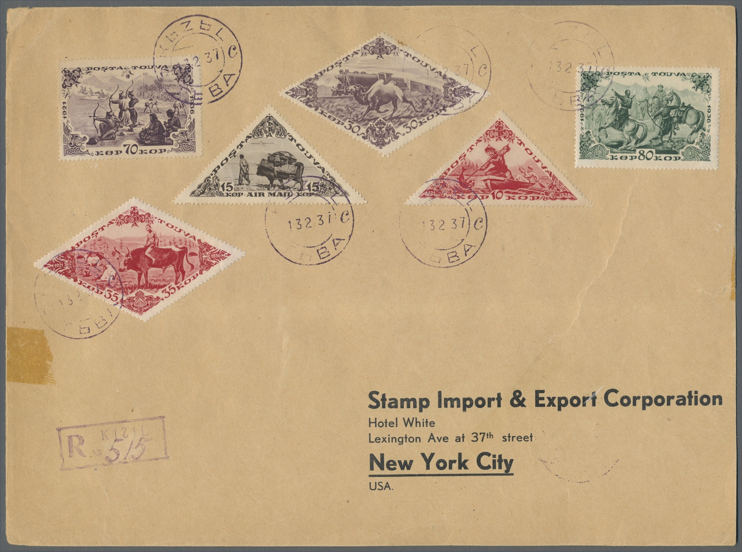 Br Tannu-Tuwa: 1936 Five Postage Stamps (10k. To 80k.) Plus Air 15k. On 1937 Registered Cover To New York City, Tied By - Tuva