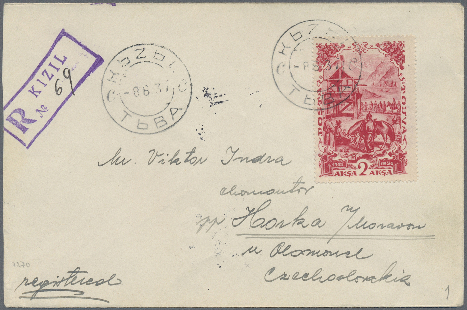 Br Tannu-Tuwa: 1937, 2 A. Tied "KIZIL 8.6.37" To Reg. Cover To CSR With June 24 Backstamp. - Tuva