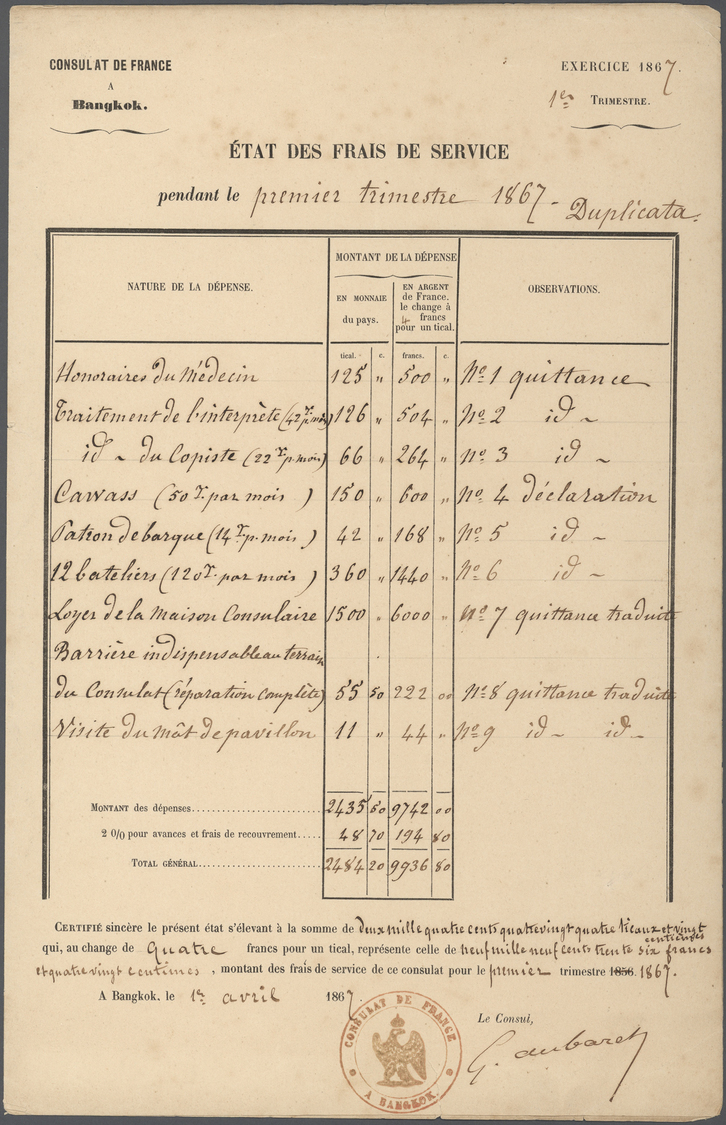 Br Thailand: 1867: Document (État Des Frais De Service) Of The FRENCH CONSULATE In BANGKOK, Dated 1st April 1867, With C - Thaïlande
