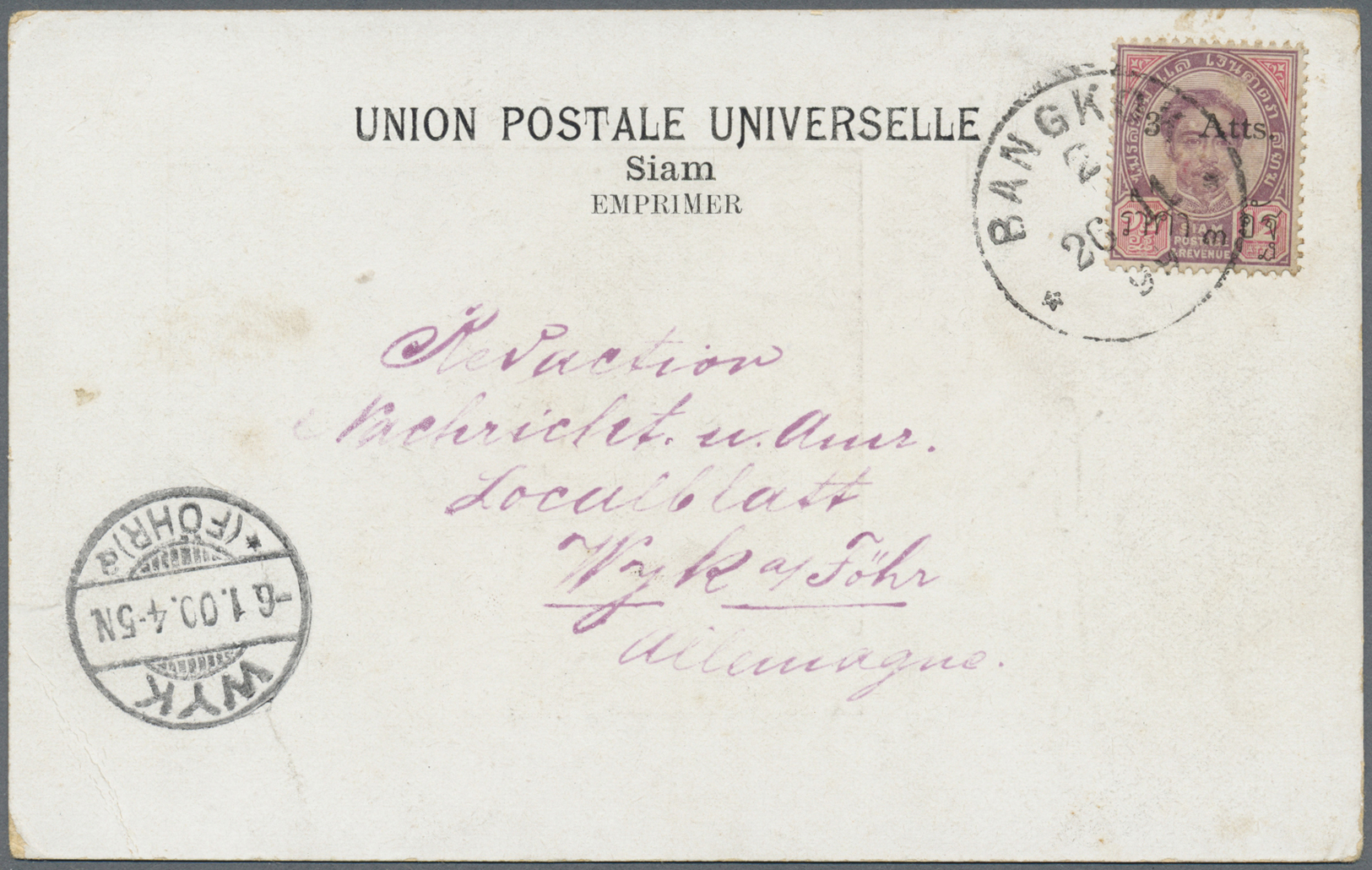 Br/ Thailand: Thailand, 1887, 12 A. Tied "BANGKOK2 23.12.1906" To Cover To US  Addressed To Smith Premier Typewriter Co. - Thaïlande