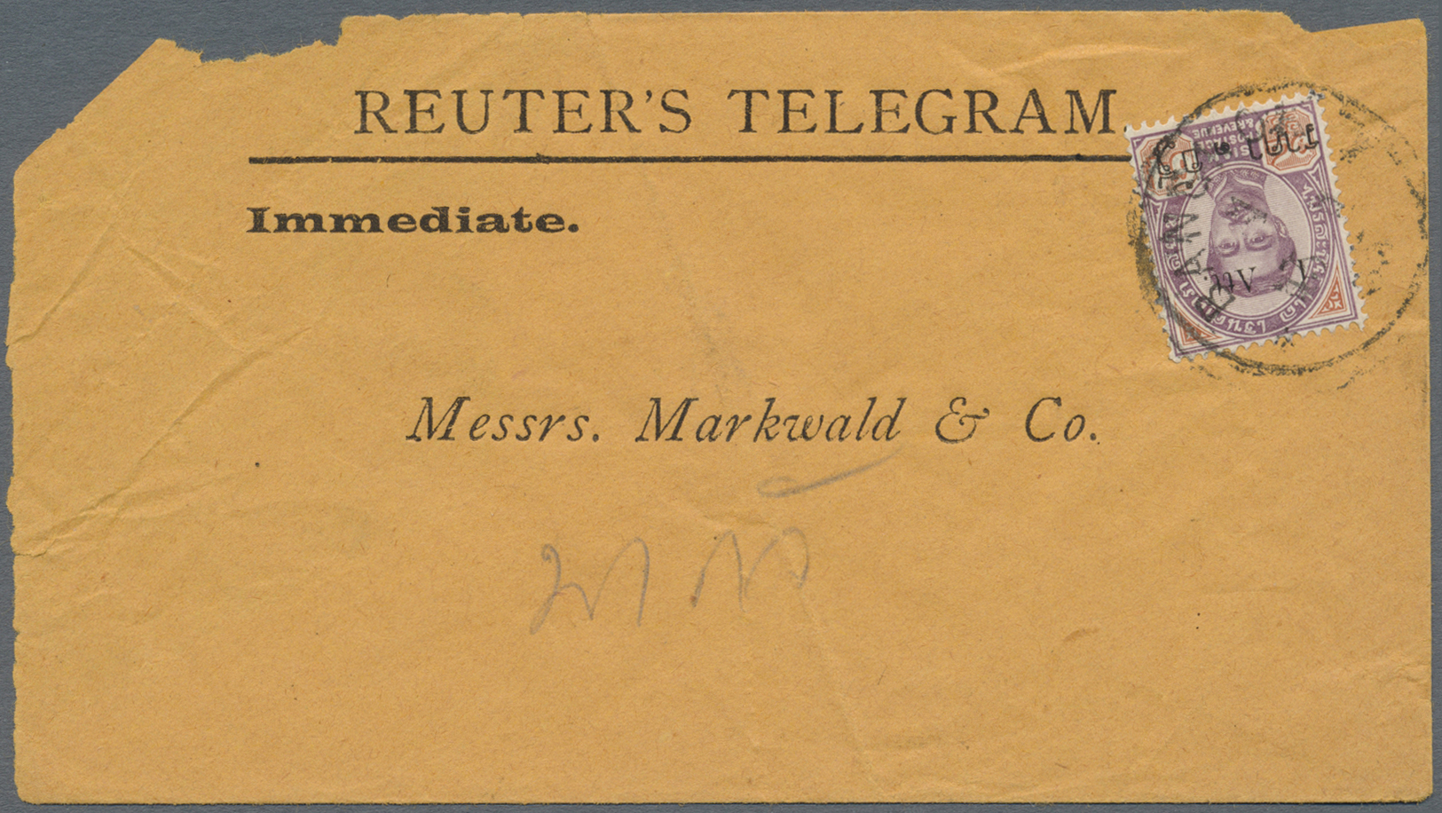 Br Thailand: 1894, 1 Att./64 Att. Tied "BANGKOK1 15 1 95" To Envelope "REUTER'S TELEGRAM", Backstamps "BANGKOK2 15 1 III - Thailand