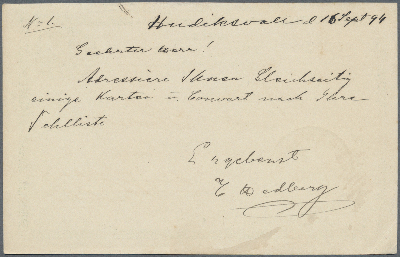 GA Thailand: 1894 Swedish Postal Stationery Card 15 Ore (sender Part Of Double Card) Sent From Hudiksvall (17 Sep. 1894) - Thaïlande