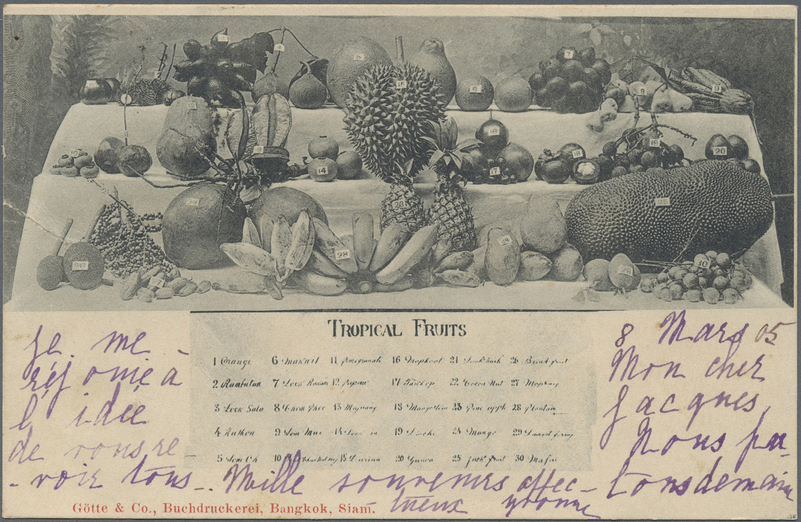 Br Thailand: 1905. Picture Post Card Of 'Thai, Tropical Fruits' Addressed To France Bearing SG 72, 4a Carmine And SG 90, - Thaïlande