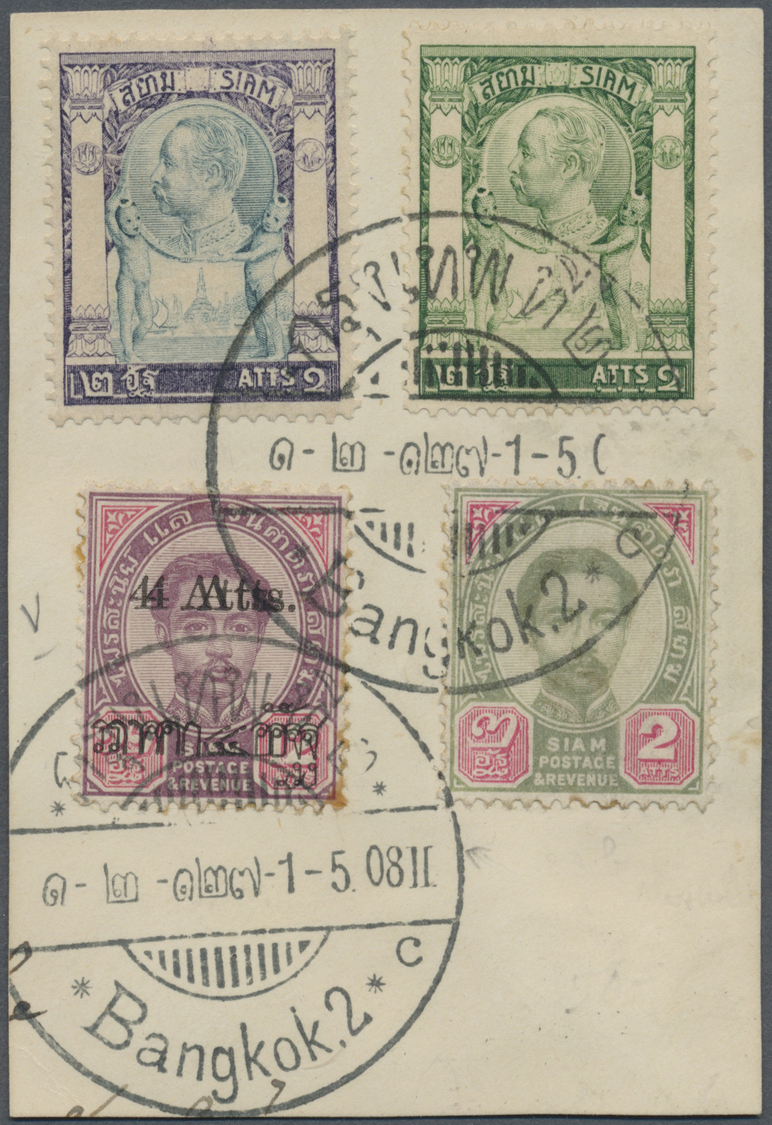 Thailand: 1908, 4 Of 12 Atts With Double Surcharge On Piece With Three Better Stamps Cancelled BANGKOK 2 - Thailand