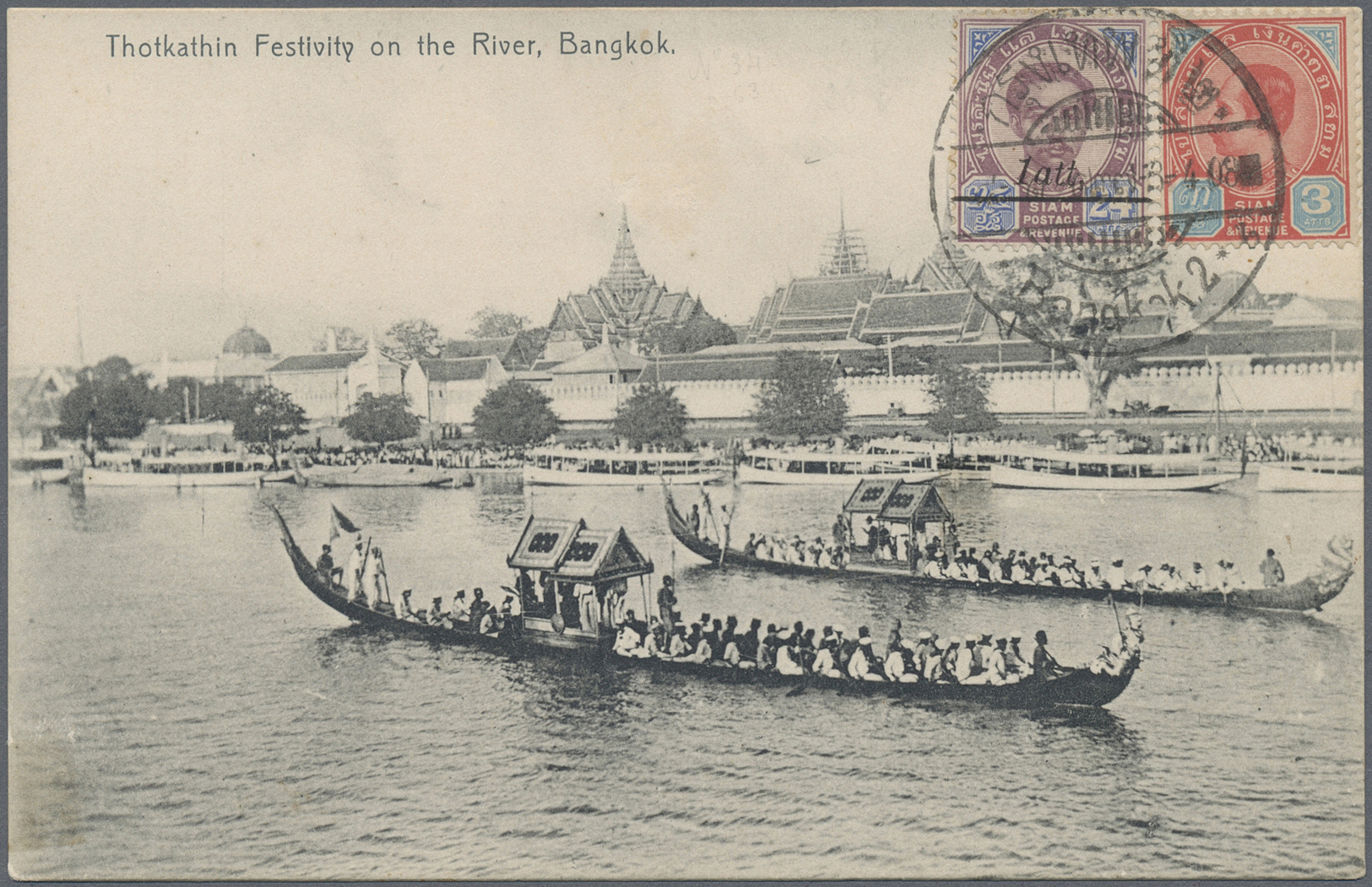 Br Thailand: 1908. Picture Post Card Of 'Thotkatthin Festival On The River, Bangkok' Addressed To France Bearing SG 70, - Thaïlande