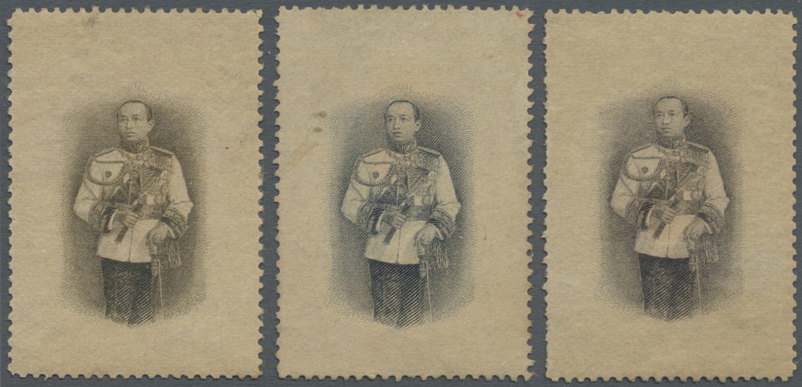 (*) Thailand: 1912 'King Vajiravudh': Three Different Proofs Of Large Design, Center Only, In Black, Brown And Blackish - Thaïlande