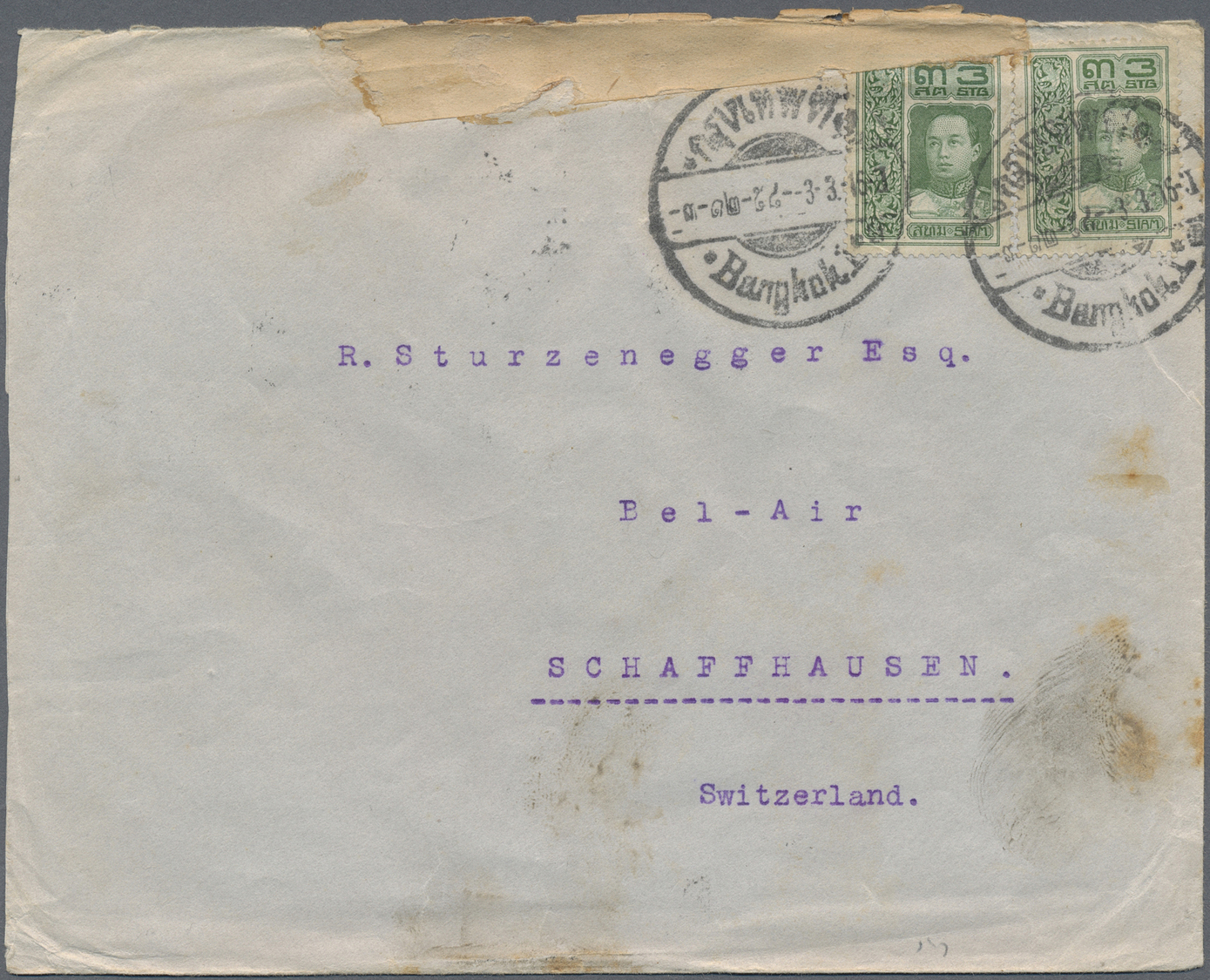 Br Thailand: 1916. Censored Envelope To Switzerland Bearing Yvert 103, 3s Green (5) Tied By Bilingual Bangkok Date Stamp - Thailand