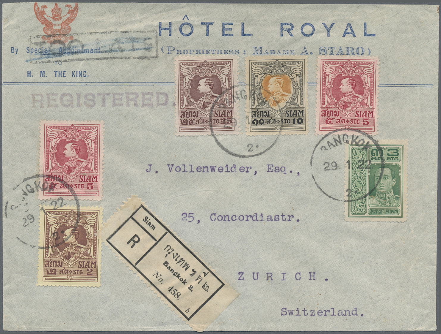Br Thailand: 1922. Illustrated Registered Envelope Heade &lsquo;Hotel Royal, Bangkok' Addressed To Switzerland Bearing S - Thaïlande