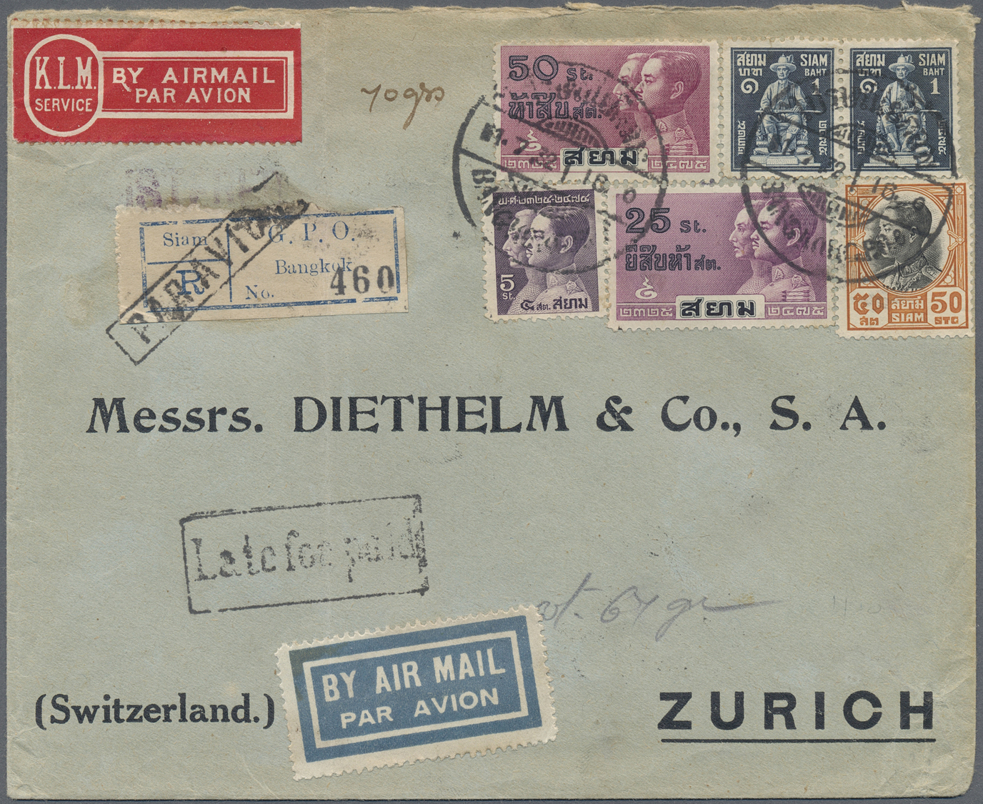 Br Thailand: 1932. Registered Air Mail Envelope Addressed To Switzerland Bearing SG 258, 50s Black And Orange, SG 271, 5 - Thaïlande